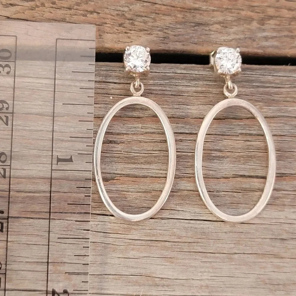 Sterling Silver CZ Post Oval Hoop Drop Earrings